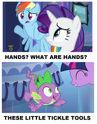 Size: 888x1125 | Tagged: safe, rainbow dash, rarity, spike, twilight sparkle, dragon, pegasus, pony, unicorn, hand, tickling