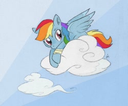 Size: 850x705 | Tagged: safe, artist:swiftcutter, rainbow dash, pegasus, pony, bandage, cloud, solo