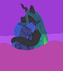 Size: 1600x1800 | Tagged: safe, artist:krumpcakes, princess luna, queen chrysalis, alicorn, changeling, changeling queen, pony, bed, chrysaluna, female, lesbian, shipping, sleeping