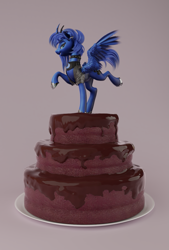 Size: 807x1192 | Tagged: safe, artist:v747, princess luna, alicorn, pony, 3d, cake, choker, clothes, collar, curved horn, ear piercing, earring, food, freckles, horn, jacket, jewelry, lidded eyes, piercing, smiling, solo, spiked collar