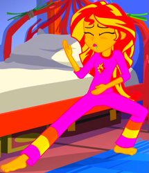 Size: 907x1055 | Tagged: safe, screencap, sunset shimmer, equestria girls, legend of everfree, clothes, drool, feet, kung fu shimmer, legend of everfeet, pajamas, solo, sunset's sleepfighting