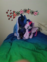 Size: 3024x4032 | Tagged: safe, princess luna, twilight sparkle, twilight sparkle (alicorn), alicorn, pony, female, flower, lesbian, plushie, shipping, twiluna