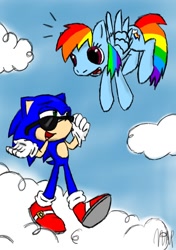 Size: 702x998 | Tagged: safe, artist:ultramiranda, rainbow dash, pegasus, pony, cloud, cloudy, crossover, sonic the hedgehog, sonic the hedgehog (series), sunglasses