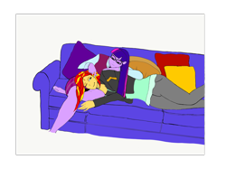 Size: 2732x2048 | Tagged: safe, artist:invaderody, sci-twi, sunset shimmer, twilight sparkle, equestria girls, cuddling, female, lesbian, looking at each other, one eye closed, pillow, scitwishimmer, shipping, simple background, smiling, sofa bed, sunsetsparkle, transparent background