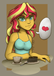 Size: 764x1080 | Tagged: safe, artist:gabbslines, sunset shimmer, equestria girls, breasts, clothes, cup, food, heart, looking at you, pictogram, pie, plate