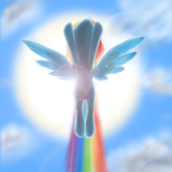 Size: 1600x1600 | Tagged: safe, artist:sameasusual, rainbow dash, pegasus, pony, backlighting, flying, lens flare, solo, sun