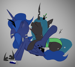 Size: 2577x2297 | Tagged: safe, artist:groomlake, princess luna, queen chrysalis, alicorn, changeling, changeling queen, pony, bite mark, biting, blushing, chrysaluna, colored, cork, crown, drool, drool string, female, jewelry, lesbian, licking, love, regalia, shipping, simple background, tongue out