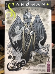 Size: 768x1024 | Tagged: safe, artist:andypriceart, princess luna, tiberius, alicorn, opossum, pony, andy you magnificent bastard, crown, death, death of the endless, dream, female, hat, hourglass, jewelry, male, mare, marker drawing, one eye closed, regalia, sandman, top hat, traditional art, umbrella, wink