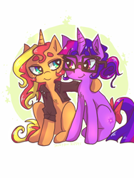 Size: 768x1024 | Tagged: safe, artist:jackytheripperart, sci-twi, sunset shimmer, twilight sparkle, pony, unicorn, bow, clothes, cute, equestria girls ponified, female, glasses, heart eyes, jacket, lesbian, looking at each other, mare, ponified, scitwishimmer, shipping, sunsetsparkle, tail bow, wingding eyes