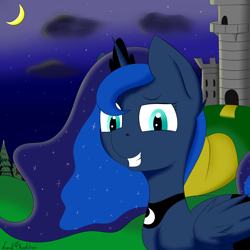 Size: 2000x2000 | Tagged: safe, artist:luriel maelstrom, princess luna, alicorn, pony, castle, cloud, crescent moon, ethereal mane, female, hill, looking at you, moon, moonlight, night, night sky, signature, simple background, sky, smiling, solo, starry mane, stars