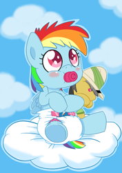 Size: 883x1248 | Tagged: safe, artist:artiecanvas, daring do, rainbow dash, pegasus, pony, baby, baby dash, baby pony, blushing, cloud, cloudy, cutie mark diapers, diaper, female, filly, foal, pacifier, plushie, poofy diaper, sky, solo