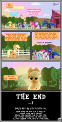 Size: 3255x6421 | Tagged: safe, artist:gutovi, applejack, fluttershy, pinkie pie, princess luna, rainbow dash, rarity, twilight sparkle, twilight sparkle (alicorn), alicorn, earth pony, pegasus, pony, unicorn, comic:why me!?, comic, hissing, mane six, sun, sunrise, sweet apple acres