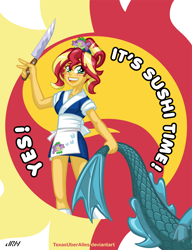 Size: 720x937 | Tagged: safe, artist:texasuberalles, sonata dusk, sunset shimmer, siren, equestria girls, abuse, alternate hairstyle, apron, blushing, clothes, cutie mark background, dead, duo, female, happi, imminent death, implied murder, implied sonata dusk, knife, looking at you, offscreen character, puffer fish, smiling, sonatabuse, spike the pufferfish, standing, sunset sushi, this will end in sushi, toy interpretation, uniform