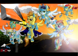 Size: 900x650 | Tagged: safe, artist:brodogz, derpy hooves, rainbow dash, soarin', spitfire, oc, pegasus, pony, a new dawn, armor, backlighting, commission, fanfic art, female, flying, mare, weapon, wonderbolts