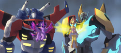 Size: 1600x700 | Tagged: safe, artist:raikoh, sunset shimmer, twilight sparkle, twilight sparkle (alicorn), alicorn, equestria girls, awesome, bumblebee, commission, crossover, daydream shimmer, looking at you, optimus prime, rainbow power, serious, serious face, transformers, transformers animated, transformers robots in disguise (2015)