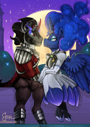 Size: 800x1132 | Tagged: safe, artist:eztp, king sombra, princess luna, alicorn, anthro, unguligrade anthro, unicorn, clothes, dress, female, looking at each other, lumbra, male, mare, moon, night, shipping, smiling, stallion, straight