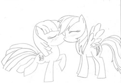 Size: 720x494 | Tagged: safe, artist:chainsawbossbattle, rainbow dash, toola roola, pegasus, pony, g3, female, g3 to g4, generation leap, kissing, lesbian, monochrome, shipping, traditional art