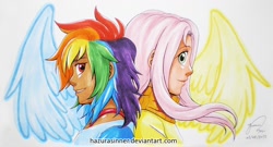 Size: 1086x588 | Tagged: safe, artist:hazurasinner, fluttershy, rainbow dash, humanized, traditional art