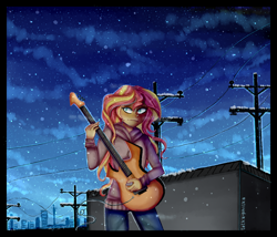 Size: 1512x1296 | Tagged: safe, artist:lelka-philka, sunset shimmer, equestria girls, city, guitar, night, snow, snowfall, solo, stars, winter