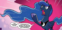 Size: 1081x522 | Tagged: safe, artist:tonyfleecs, idw, nightmare moon, princess luna, alicorn, pony, nightmare knights, spoiler:comic, spoiler:comicnightmareknights01, ethereal mane, female, mare, official comic, open mouth, solo, speech bubble, traditional royal canterlot voice