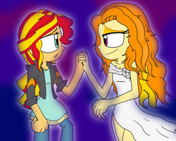 Size: 1392x1119 | Tagged: safe, artist:shonatabeata, adagio dazzle, sunset shimmer, equestria girls, female, lesbian, shipping, sunsagio