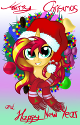 Size: 1150x1800 | Tagged: safe, artist:sunsetcrady, sunset shimmer, pony, unicorn, equestria girls, christmas, clothes, grin, happy new year, hat, santa hat, scarf, wreath