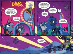 Size: 1075x805 | Tagged: safe, artist:tonyfleecs, idw, princess luna, stygian, alicorn, pony, unicorn, nightmare knights, spoiler:comic, spoiler:comicnightmareknights01, comic, ethereal mane, female, floating island, helmet, horned helmet, male, mare, metal horns, official comic, stallion