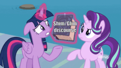 Size: 897x503 | Tagged: safe, edit, edited screencap, screencap, starlight glimmer, sunset shimmer, twilight sparkle, twilight sparkle (alicorn), alicorn, pony, unicorn, school daze, /mlp/, 4chan, animated, book, book abuse, discourse, eea rulebook, gif, meme, reaction image, water
