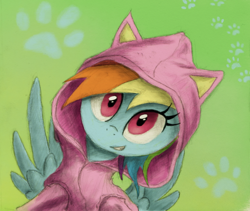 Size: 800x676 | Tagged: safe, artist:hewison, rainbow dash, pegasus, pony, cat ears, cat hoodie, clothes, cute, dashabetes, female, green background, hoodie, mare, paw prints, simple background, smiling, solo