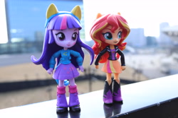 Size: 6000x4000 | Tagged: safe, artist:artofmagicpoland, sunset shimmer, twilight sparkle, twilight sparkle (alicorn), alicorn, equestria girls, city, doll, equestria girls minis, public, toy