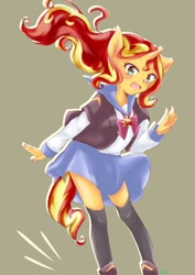 Size: 1448x2048 | Tagged: safe, artist:moh_mlp2, sunset shimmer, anthro, human, blushing, boots, clothes, cute, female, horn, horned humanization, humanized, shoes, skirt, skirt lift, socks, solo, thigh highs, zettai ryouiki