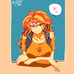 Size: 1000x1000 | Tagged: safe, artist:sozglitch, sunset shimmer, better together, equestria girls, bedroom eyes, big breasts, blushing, breasts, female, heart, looking at you, smiling, solo, sunset jiggler