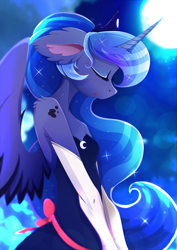 Size: 1358x1920 | Tagged: safe, artist:rariedash, princess luna, alicorn, anthro, clothes, dress, evening gloves, eyes closed, female, gloves, long gloves, mare, night, open mouth, solo