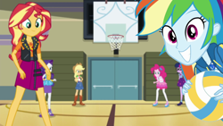 Size: 1920x1080 | Tagged: safe, screencap, applejack, pinkie pie, rainbow dash, rarity, sci-twi, sunset shimmer, twilight sparkle, better together, do it for the ponygram!, equestria girls, basketball, gym, sports, volleyball