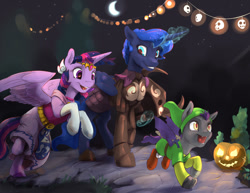 Size: 990x765 | Tagged: safe, artist:silfoe, princess luna, twilight sparkle, twilight sparkle (alicorn), oc, oc:pterus, alicorn, bat pony, pony, adopted offspring, bat pony oc, clothes, colt, costume, crossover, female, foal, halloween, holiday, jack-o-lantern, lesbian, link, magic, male, mare, nightmare night, nightmare night costume, parent:princess luna, parent:twilight sparkle, parents:twiluna, princess zelda, pumpkin, shipping, smiling, telekinesis, the legend of zelda, twiluna, twizelda