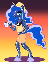 Size: 800x1035 | Tagged: safe, artist:hornbuckle, princess luna, alicorn, anthro, unguligrade anthro, bags under eyes, clothes, coffee, coffee mug, female, finger hooves, gradient background, hat, implied princess celestia, jewelry, latex, lidded eyes, looking at you, mug, nightcap, pajamas, peytral, regalia, rubber, rubber pony, shiny, shorts, slippers, solo, tanktop, tired