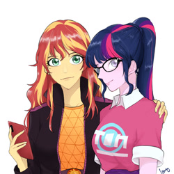 Size: 800x800 | Tagged: safe, artist:extraluna, sci-twi, sunset shimmer, twilight sparkle, better together, equestria girls, cellphone, clothes, female, lesbian, phone, scitwishimmer, shipping, smiling, sunsetsparkle