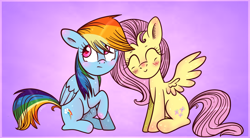 Size: 1112x612 | Tagged: safe, artist:flarities, fluttershy, rainbow dash, pegasus, pony, blushing, female, flutterdash, lesbian, shipping