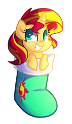 Size: 1028x1762 | Tagged: safe, artist:drawntildawn, sunset shimmer, pony, unicorn, christmas, christmas stocking, colored pupils, cute, shimmerbetes, solo