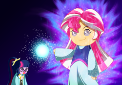 Size: 1180x820 | Tagged: safe, artist:rosemile mulberry, sci-twi, sunset shimmer, twilight sparkle, equestria girls, anime, chibi, clothes, crossover, cute, dragon ball super, glasses, open mouth, shocked, smiling, ultra instinct