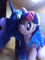 Size: 3120x4160 | Tagged: safe, photographer:apex soundwave, princess luna, twilight sparkle, alicorn, pony, unicorn, cute, duo, female, hug, irl, lesbian, mare, photo, plushie, shipping, twiluna, winghug