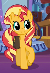 Size: 550x800 | Tagged: safe, screencap, sunset shimmer, pony, unicorn, equestria girls, mirror magic, spoiler:eqg specials, cropped, cute, female, mare, portal, raised hoof, saddle bag, shimmerbetes, smiling, solo, twilight's castle, twilight's castle library