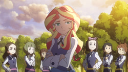 Size: 1280x720 | Tagged: safe, artist:namygaga, part of a set, sunset shimmer, equestria girls, anime, clothes, crossed arms, crossover, diana cavendish, human coloration, little witch academia, school uniform, skirt