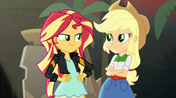 Size: 1280x718 | Tagged: safe, screencap, applejack, sunset shimmer, equestria girls, movie magic, spoiler:eqg specials, clothes, cowboy hat, denim skirt, freckles, hat, jacket, leather jacket, looking at each other, scenery, skirt, stetson