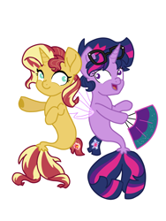 Size: 1500x2000 | Tagged: safe, artist:chautung, sci-twi, sunset shimmer, twilight sparkle, pony, seapony (g4), equestria girls, my little pony: the movie, dancing, equestria girls ponified, female, lesbian, ponified, scitwishimmer, seaponified, seapony sci-twi, seapony sunset, seapony twilight, shipping, simple background, smiling, species swap, sunsetsparkle