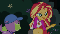 Size: 1920x1080 | Tagged: safe, screencap, spike, spike the regular dog, sunset shimmer, dog, equestria girls, legend of everfree, camp everfree outfits, smiling