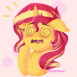 Size: 3000x3000 | Tagged: safe, artist:katakiuchi4u, sunset shimmer, pony, unicorn, equestria girls, blushing, bust, chest fluff, cute, dizzy, female, floppy ears, mare, open mouth, portrait, raised hoof, shimmerbetes, solo, swirly eyes, wavy mouth