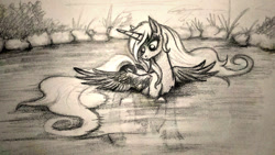 Size: 1024x576 | Tagged: safe, artist:zetamad, princess luna, alicorn, pony, lake, solo, spread wings, traditional art, wings