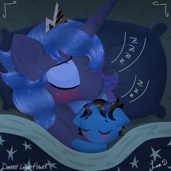 Size: 1280x1280 | Tagged: safe, artist:darkest-lunar-flower, princess luna, oc, oc:moonrise, alicorn, pony, alicorn oc, baby, baby pony, bedsheets, blushing, colt, commission, female, foal, jewelry, male, mare, maternaluna, mother and child, mother and son, next generation, offspring, parent and child, parent:princess luna, pillow, regalia, sleeping, smiling
