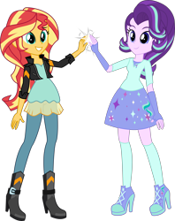 Size: 4567x5758 | Tagged: safe, artist:osipush, starlight glimmer, sunset shimmer, equestria girls, absurd resolution, boots, clothes, commission, cute, equestria girls-ified, fingerless gloves, gloves, happy, high heel boots, high heels, hilarious in hindsight, leather jacket, shoes, skirt, smiling, socks, twilight's counterparts